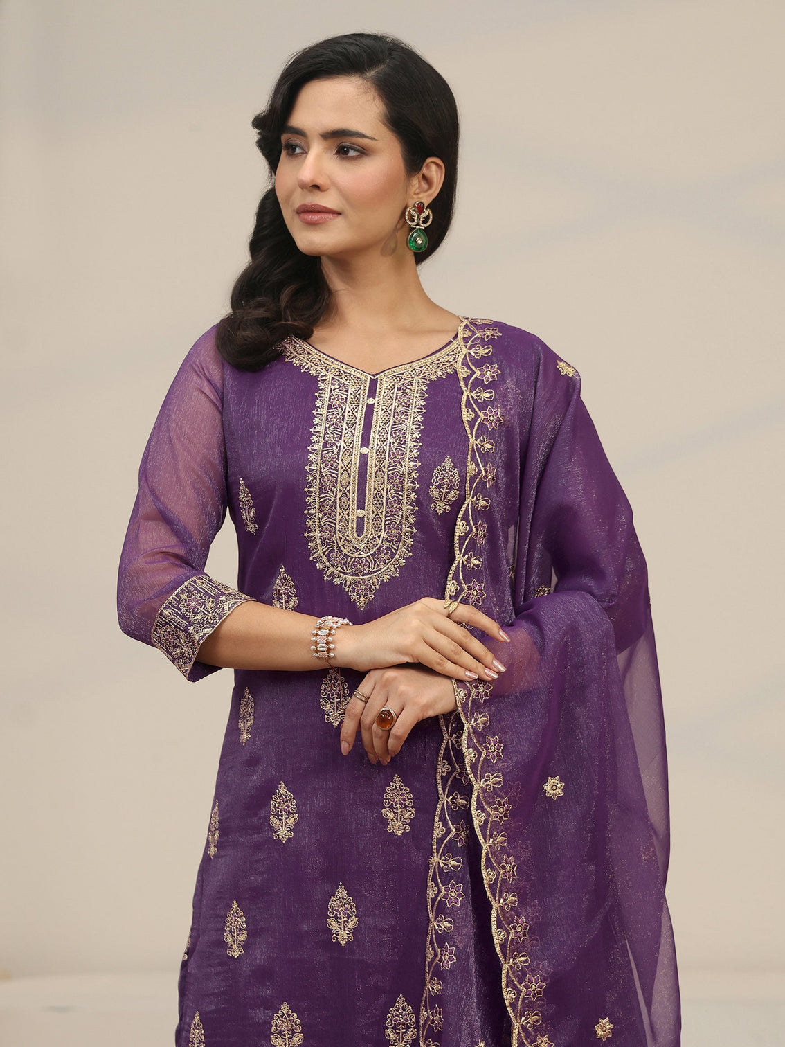 Mameraa Purple Floral Embroidered Chinon Straight Suit Set