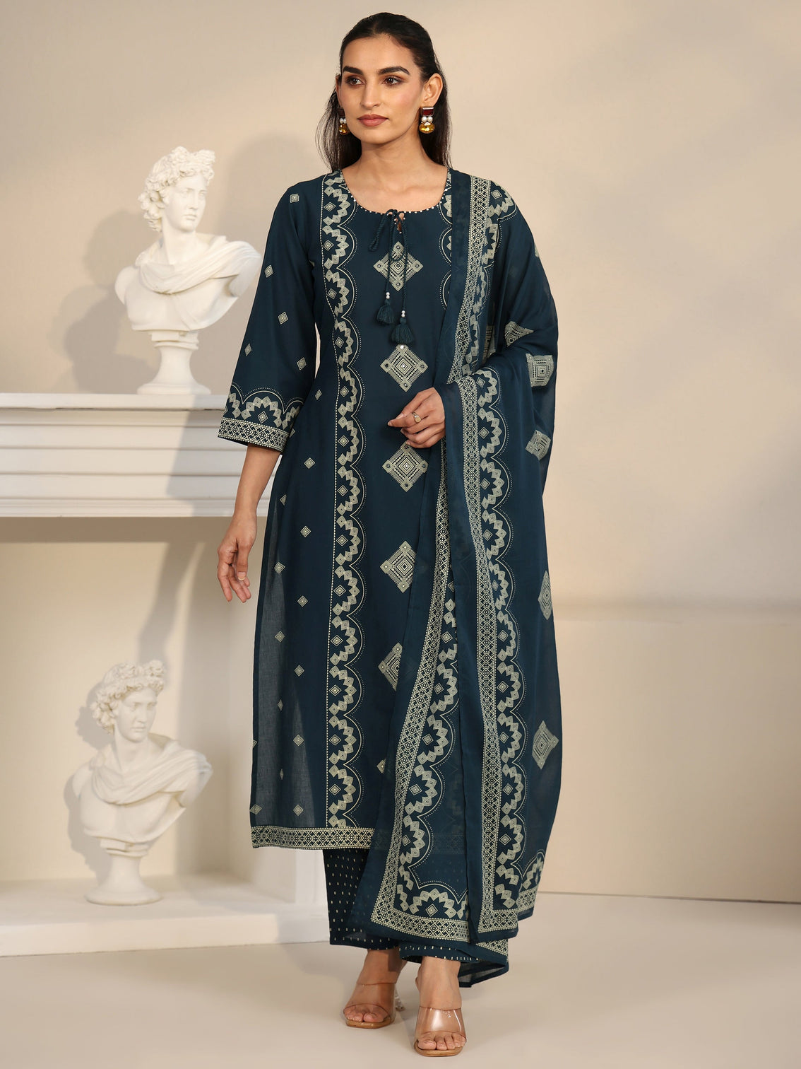 Mameraa Midnight Blue Printed Cotton A-line Suit Set