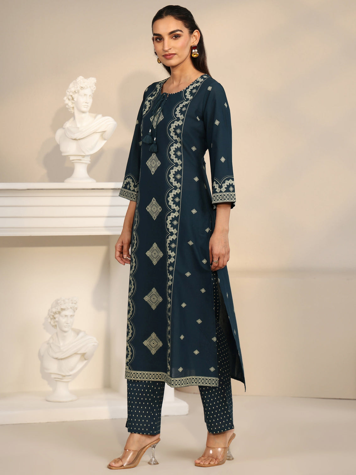 Mameraa Midnight Blue Printed Cotton A-line Suit Set