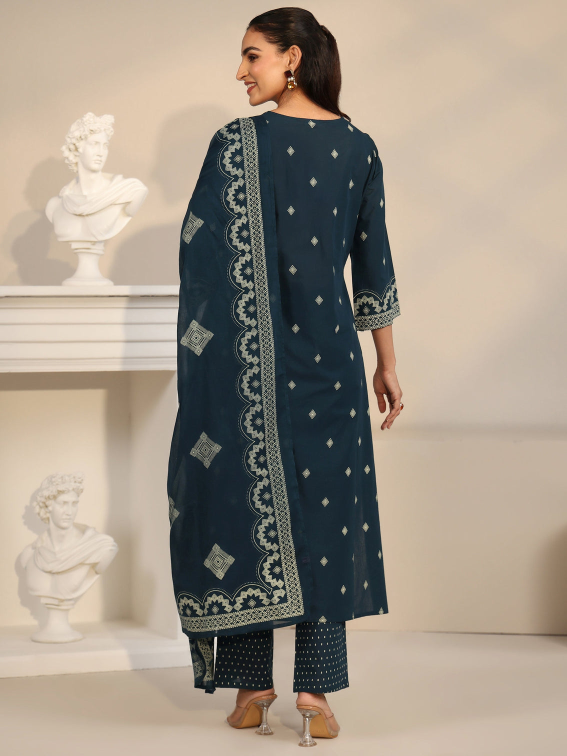 Mameraa Midnight Blue Printed Cotton A-line Suit Set