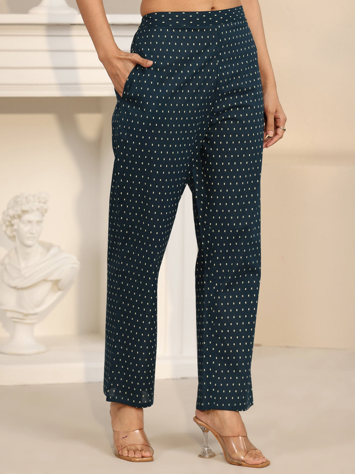 Mameraa Midnight Blue Printed Cotton A-line Suit Set