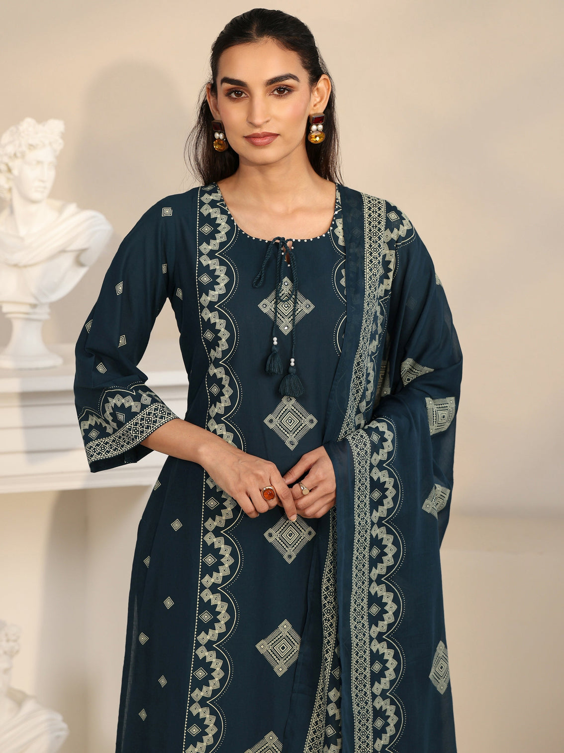 Mameraa Midnight Blue Printed Cotton A-line Suit Set