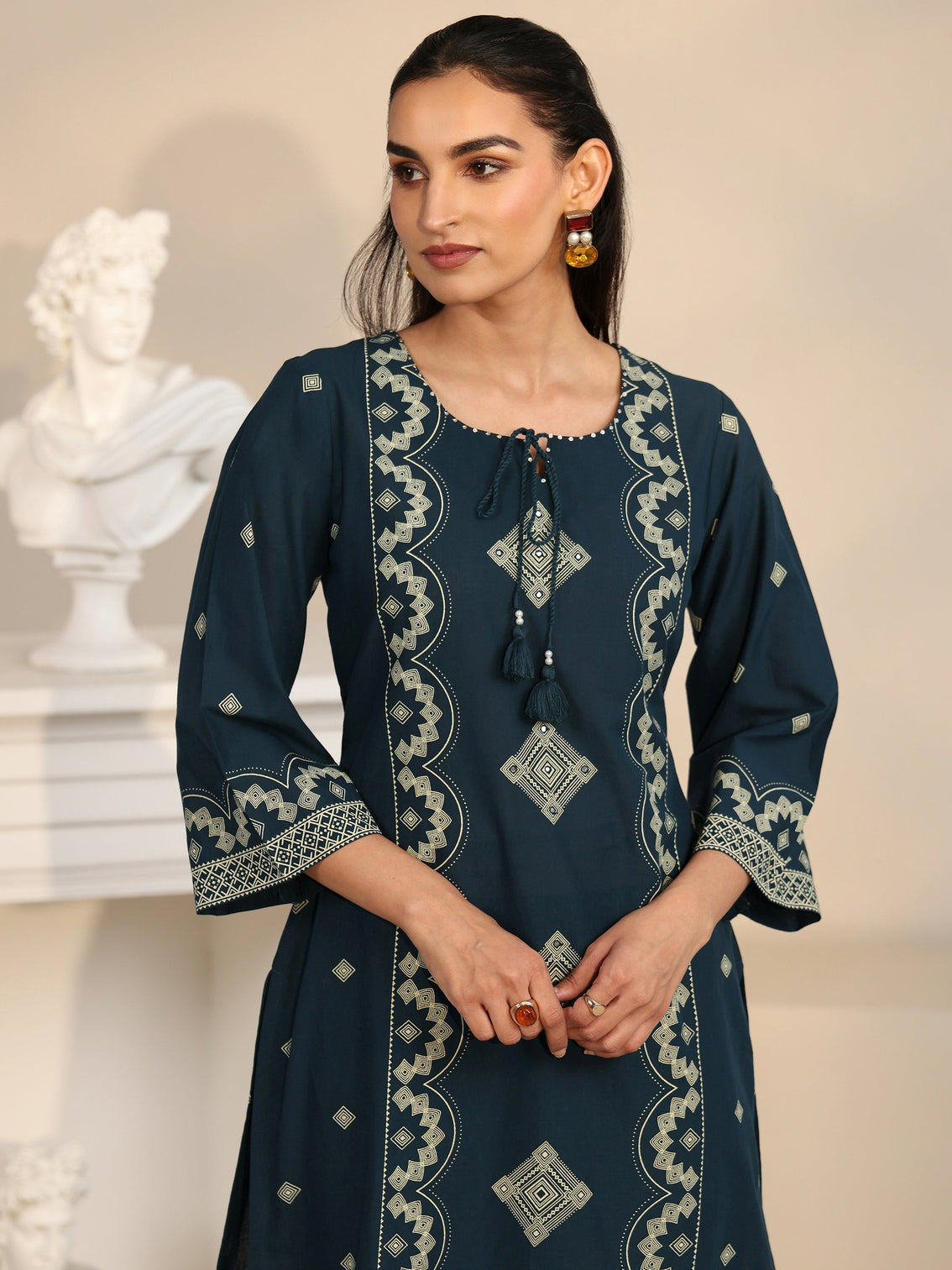 Mameraa Midnight Blue Printed Cotton A-line Suit Set