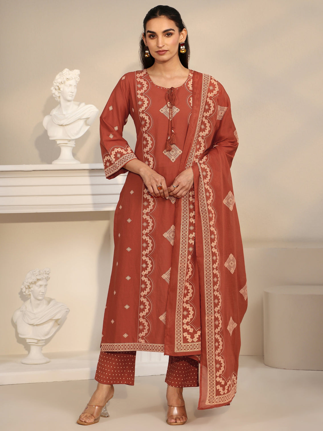 Mameraa Rust Brown Printed Cotton A-line Suit Set