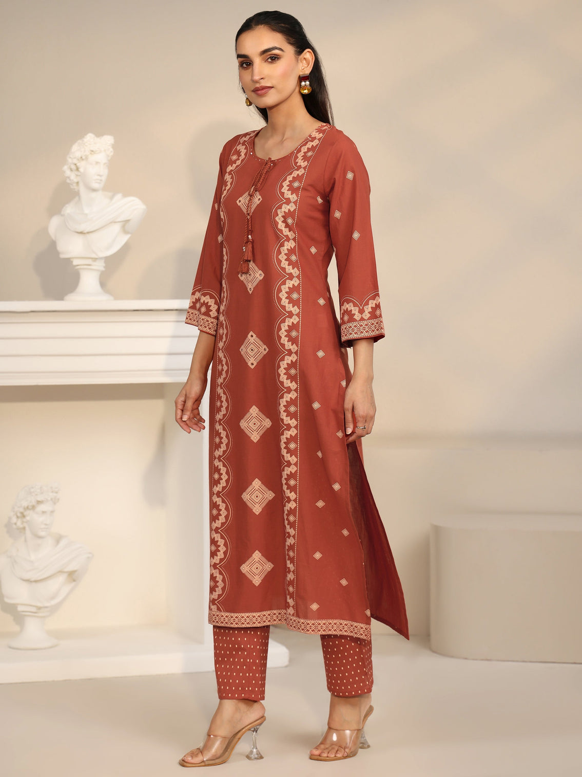 Mameraa Rust Brown Printed Cotton A-line Suit Set