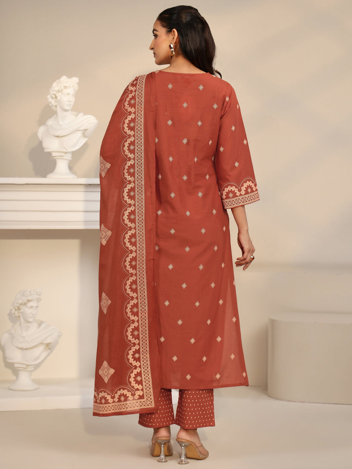 Mameraa Rust Brown Printed Cotton A-line Suit Set