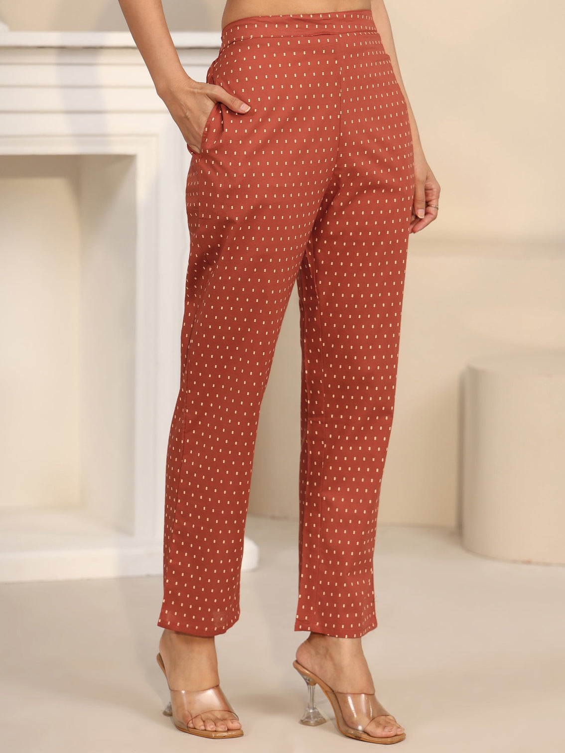 Mameraa Rust Brown Printed Cotton A-line Suit Set