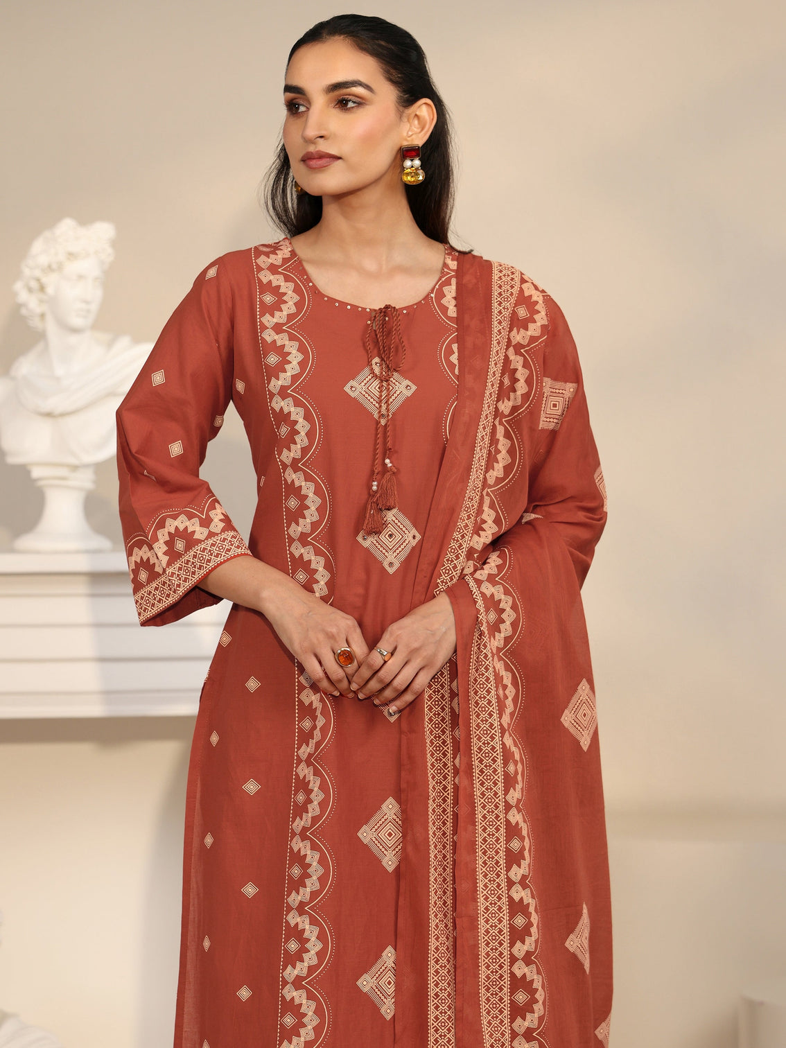 Mameraa Rust Brown Printed Cotton A-line Suit Set