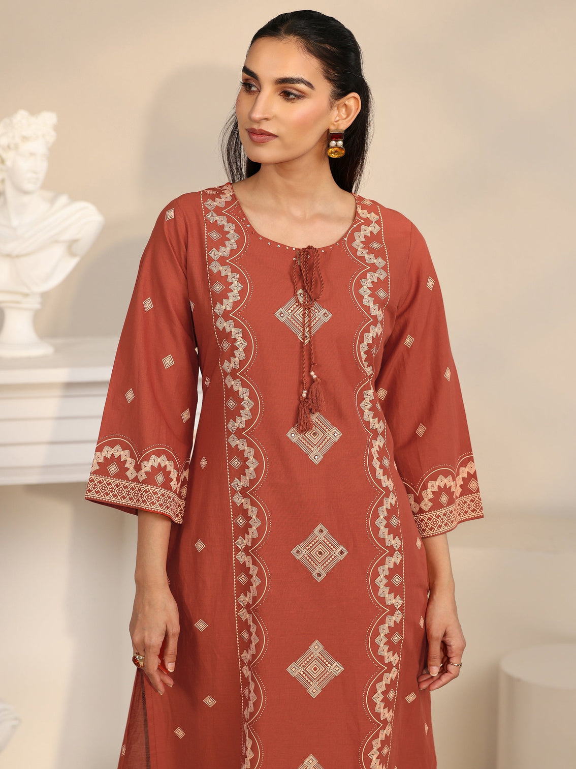 Mameraa Rust Brown Printed Cotton A-line Suit Set