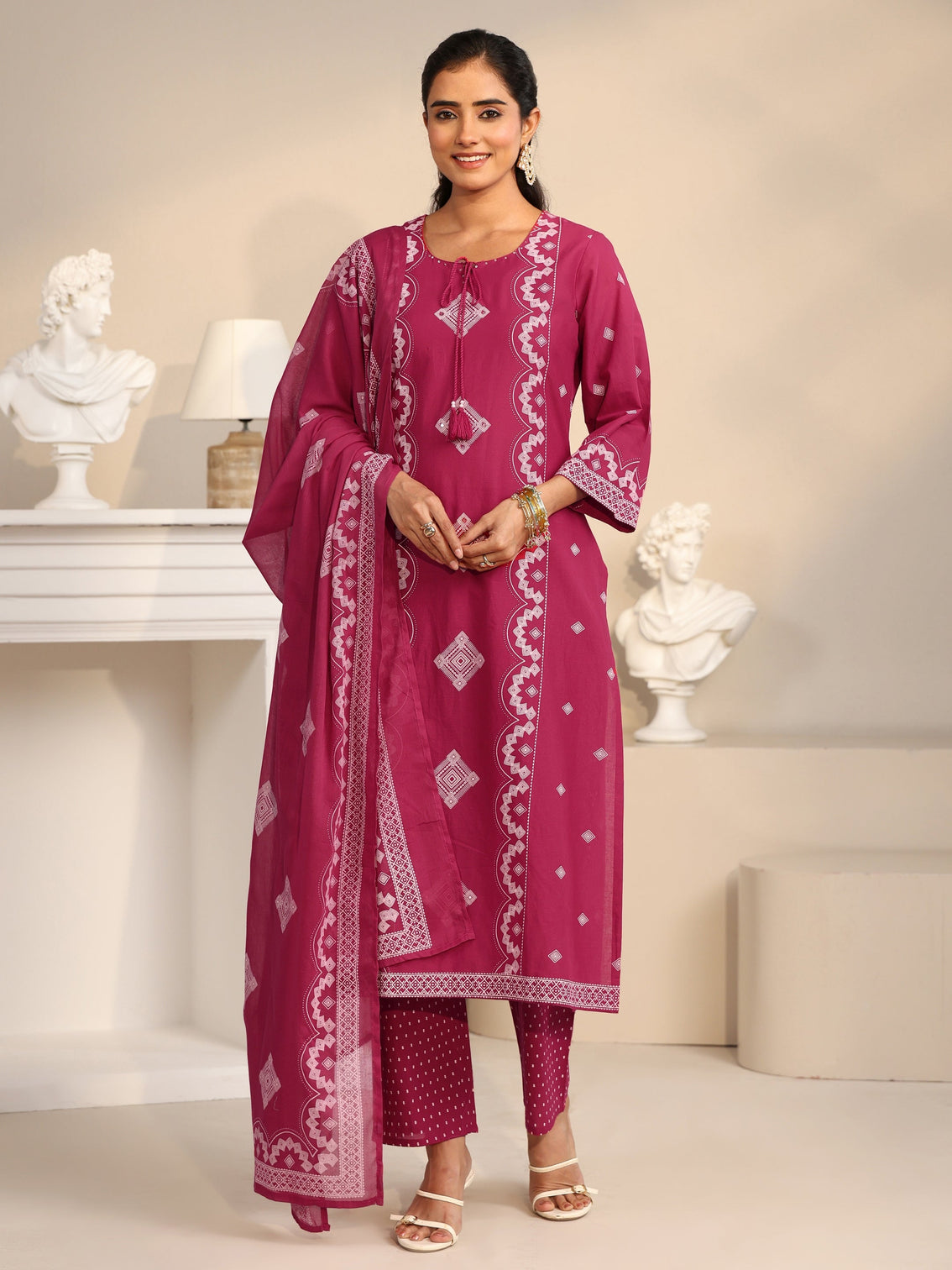 Mameraa Rose Pink Printed Cotton A-line Suit Set