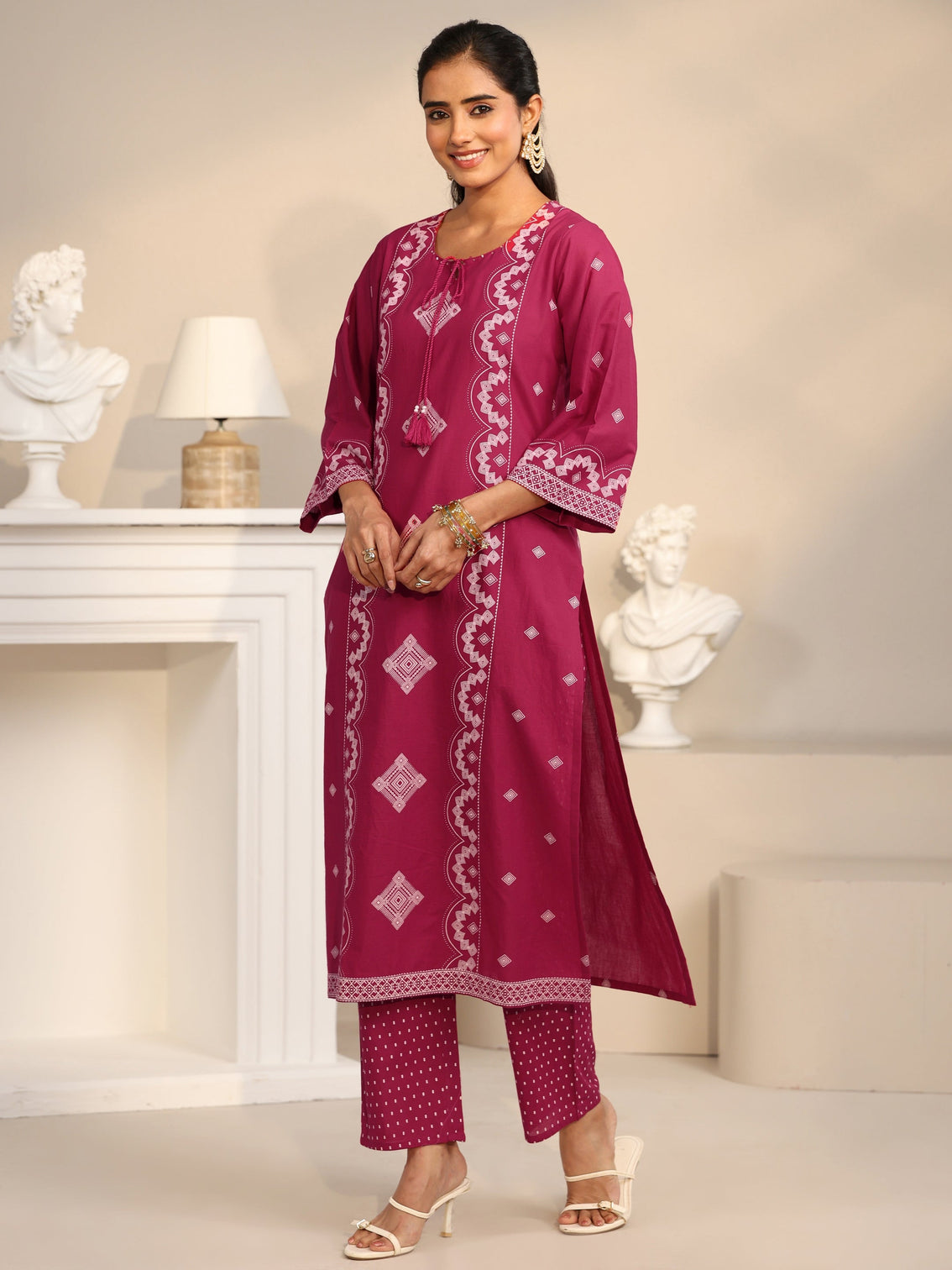 Mameraa Rose Pink Printed Cotton A-line Suit Set