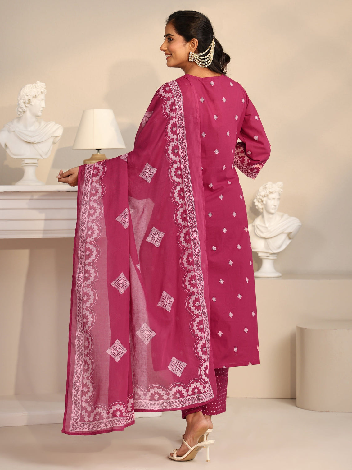 Mameraa Rose Pink Printed Cotton A-line Suit Set