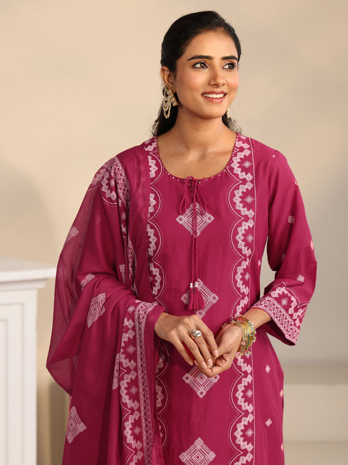 Mameraa Rose Pink Printed Cotton A-line Suit Set