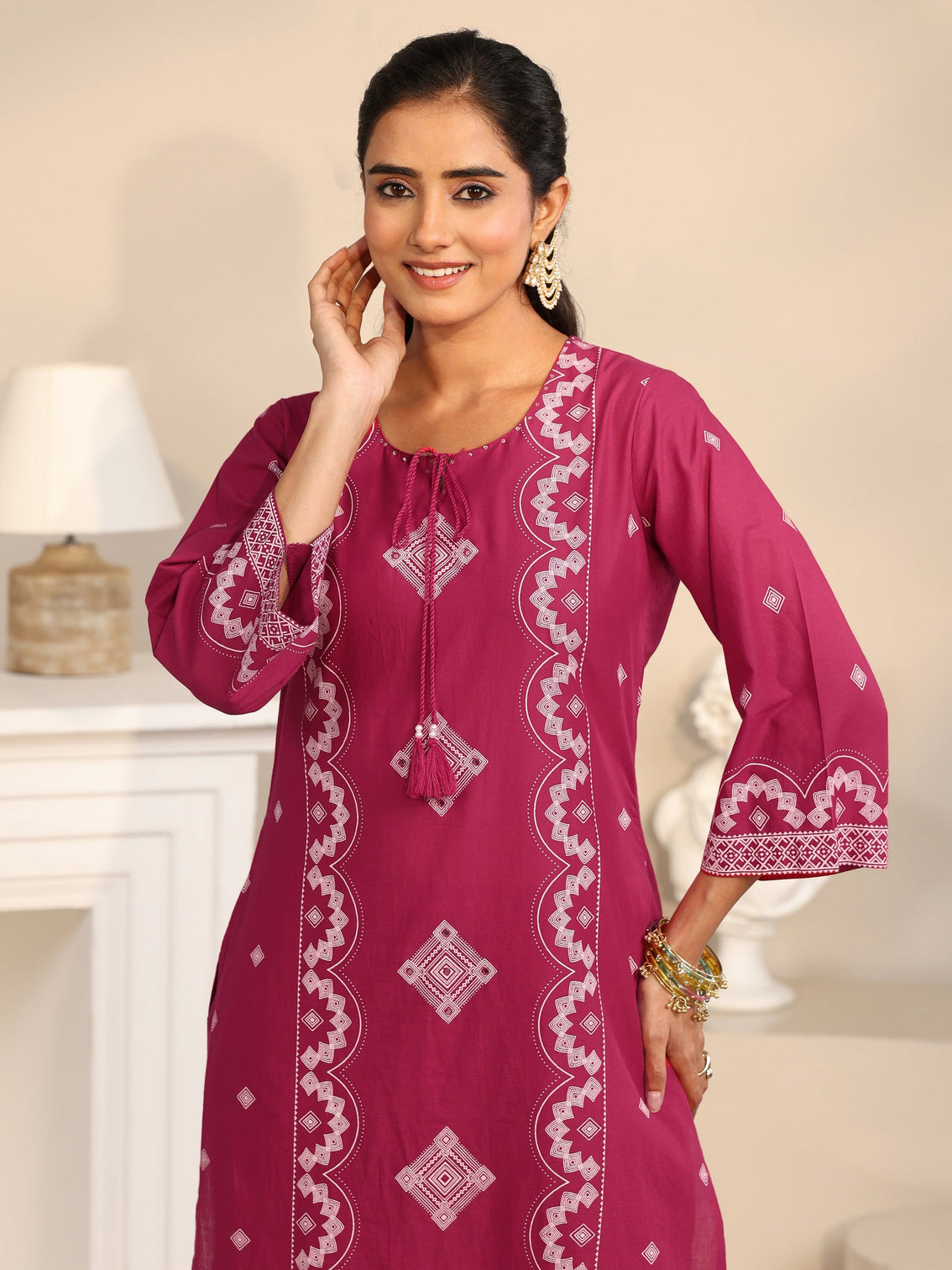 Mameraa Rose Pink Printed Cotton A-line Suit Set