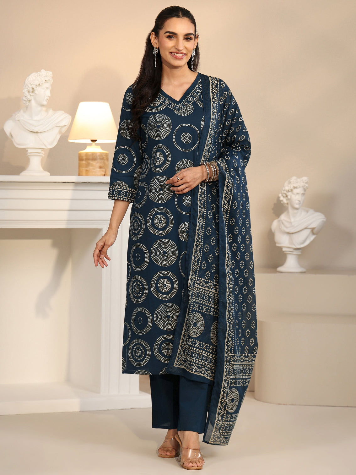 Mameraa Teal Blue Circular Print Cotton Straight Suit Set