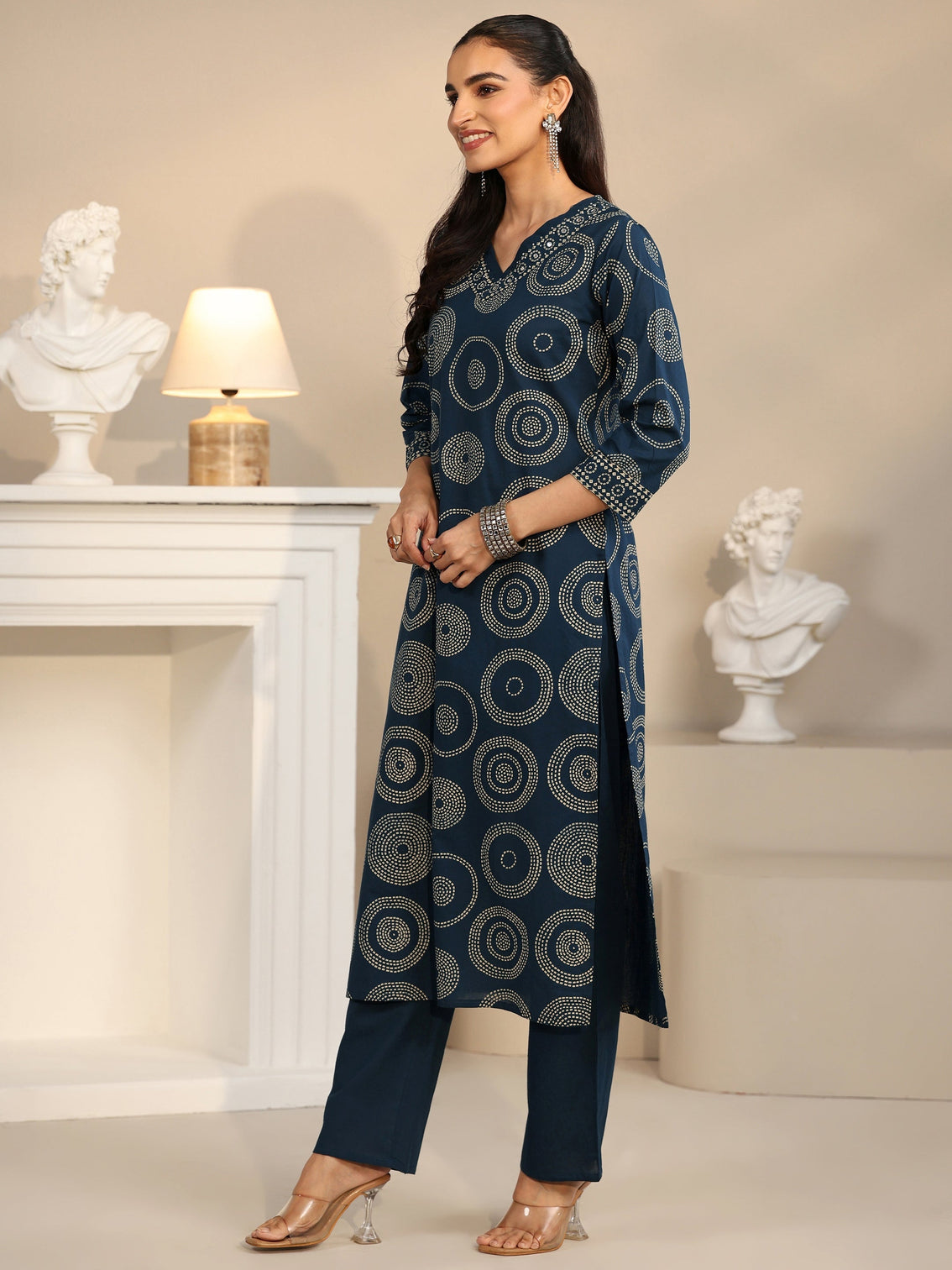 Mameraa Teal Blue Circular Print Cotton Straight Suit Set