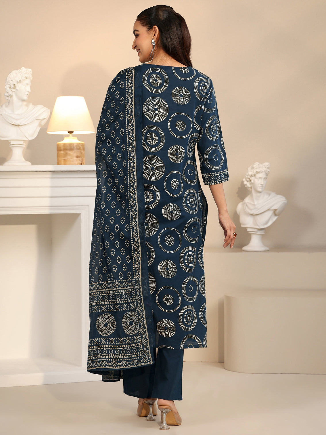 Mameraa Teal Blue Circular Print Cotton Straight Suit Set