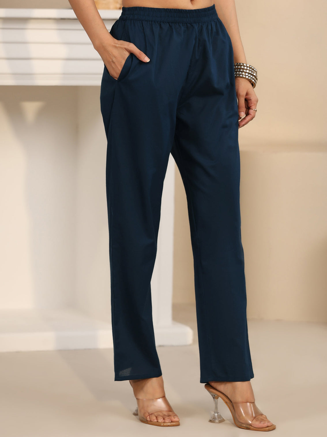 Mameraa Teal Blue Circular Print Cotton Straight Suit Set