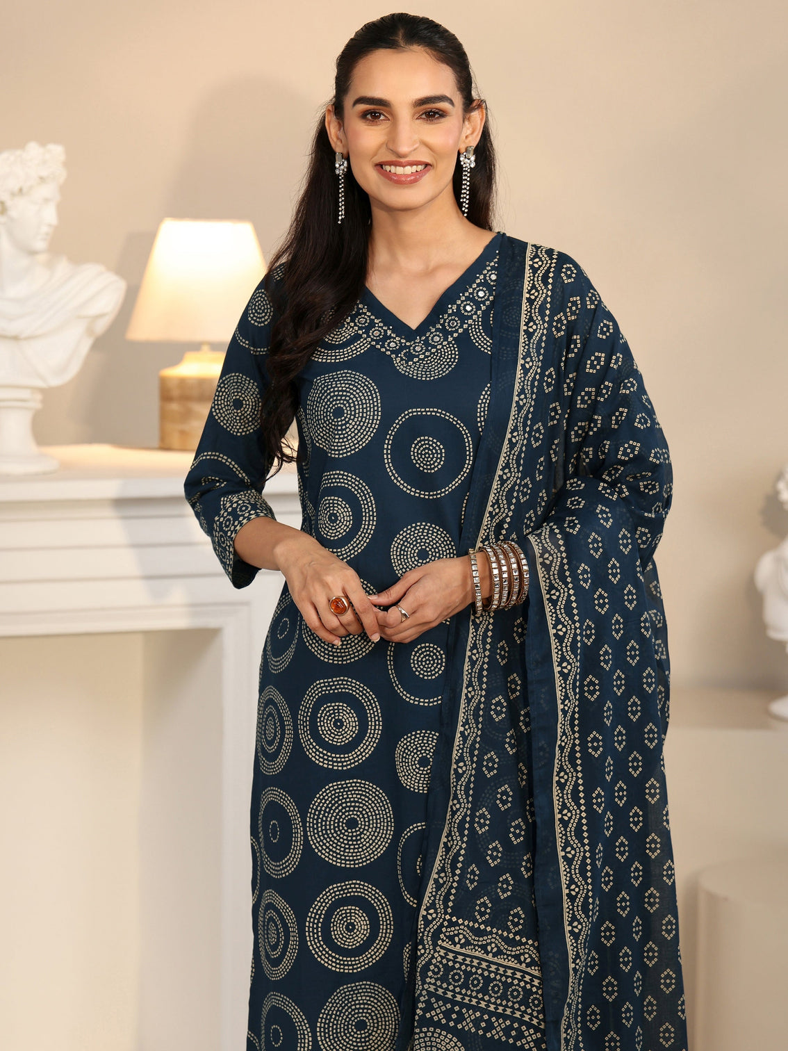 Mameraa Teal Blue Circular Print Cotton Straight Suit Set