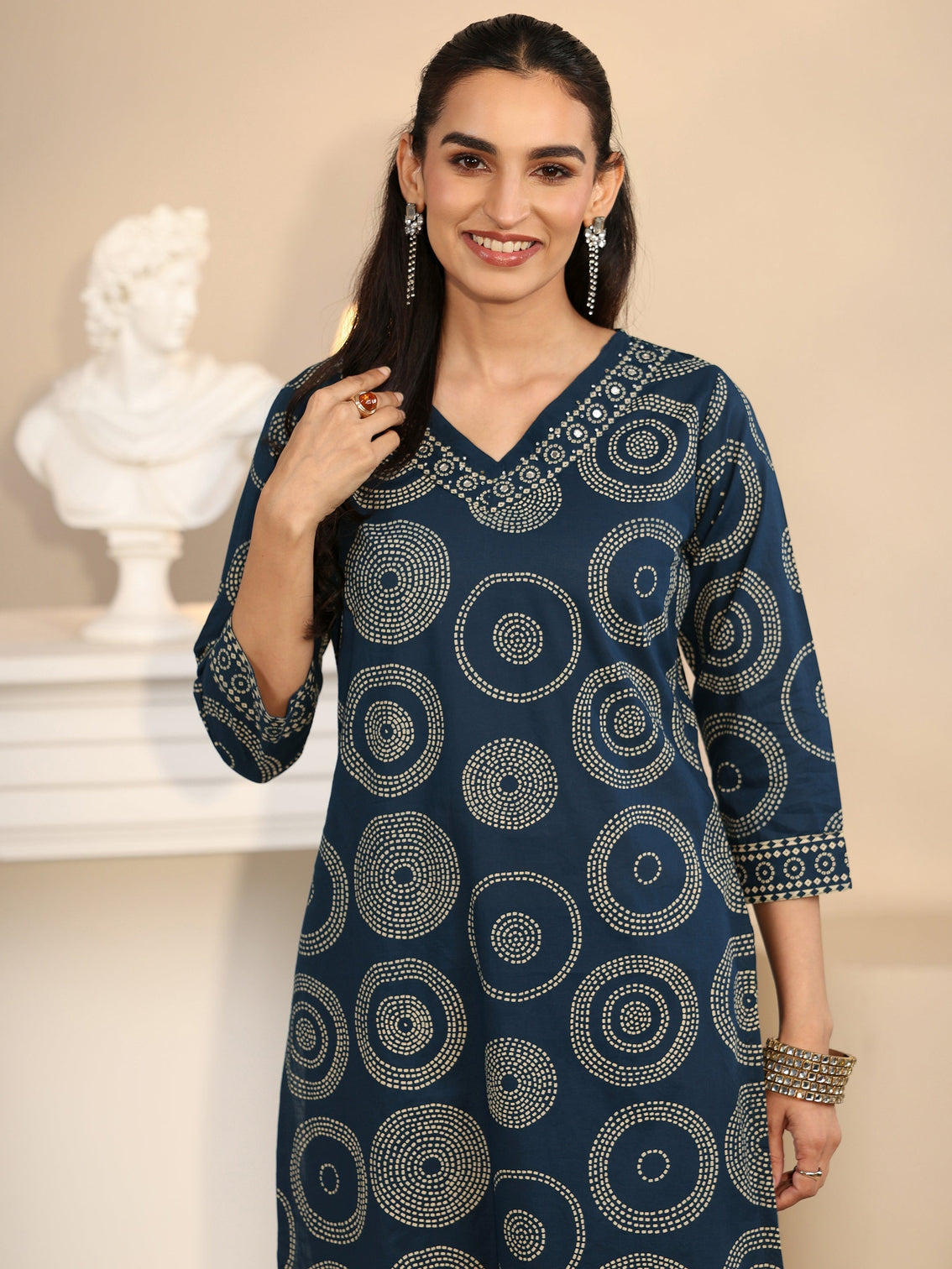 Mameraa Teal Blue Circular Print Cotton Straight Suit Set