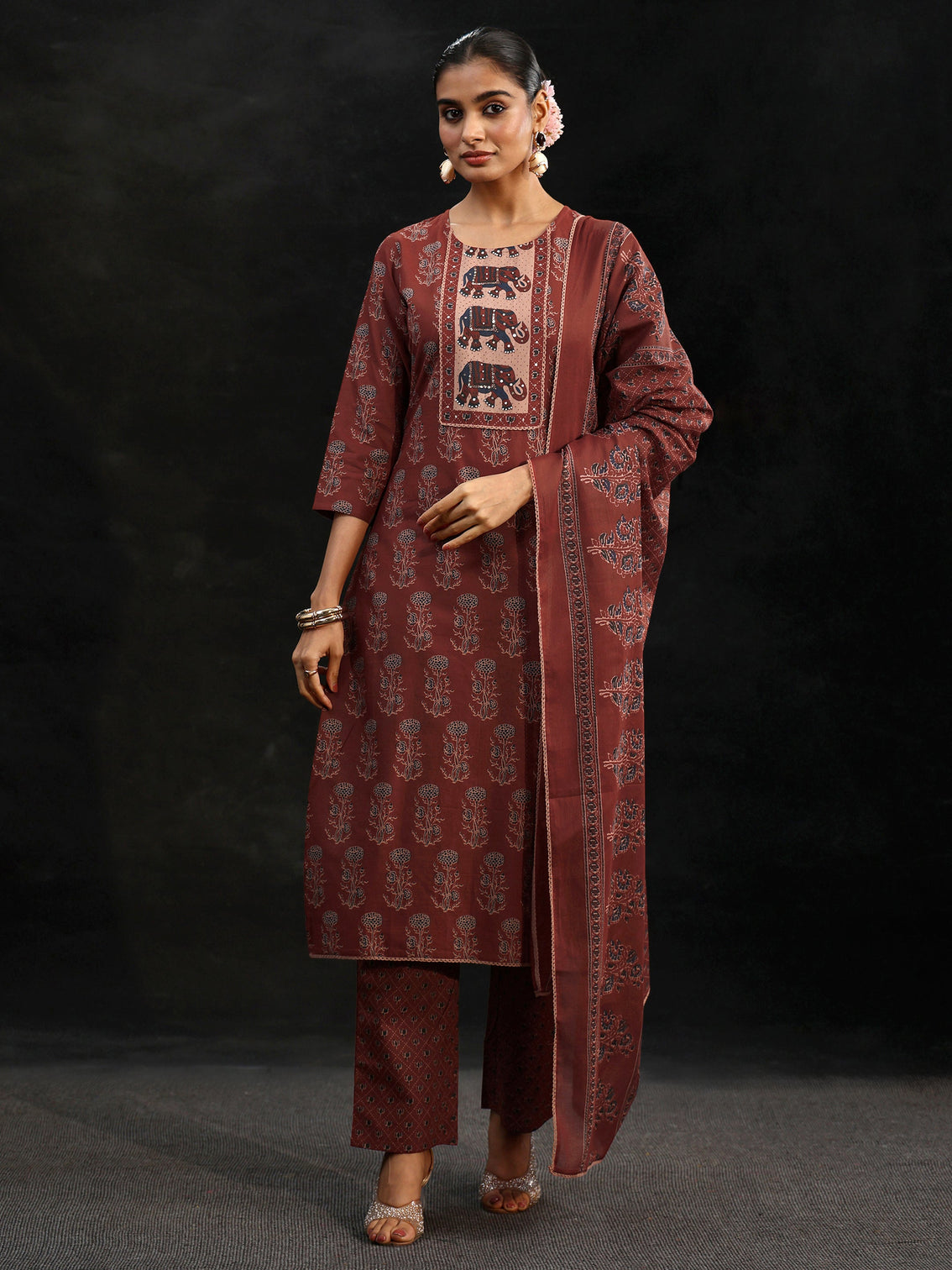 Mameraa Rust Brown Ajrakh-Inspired Cotton Straight Suit Set