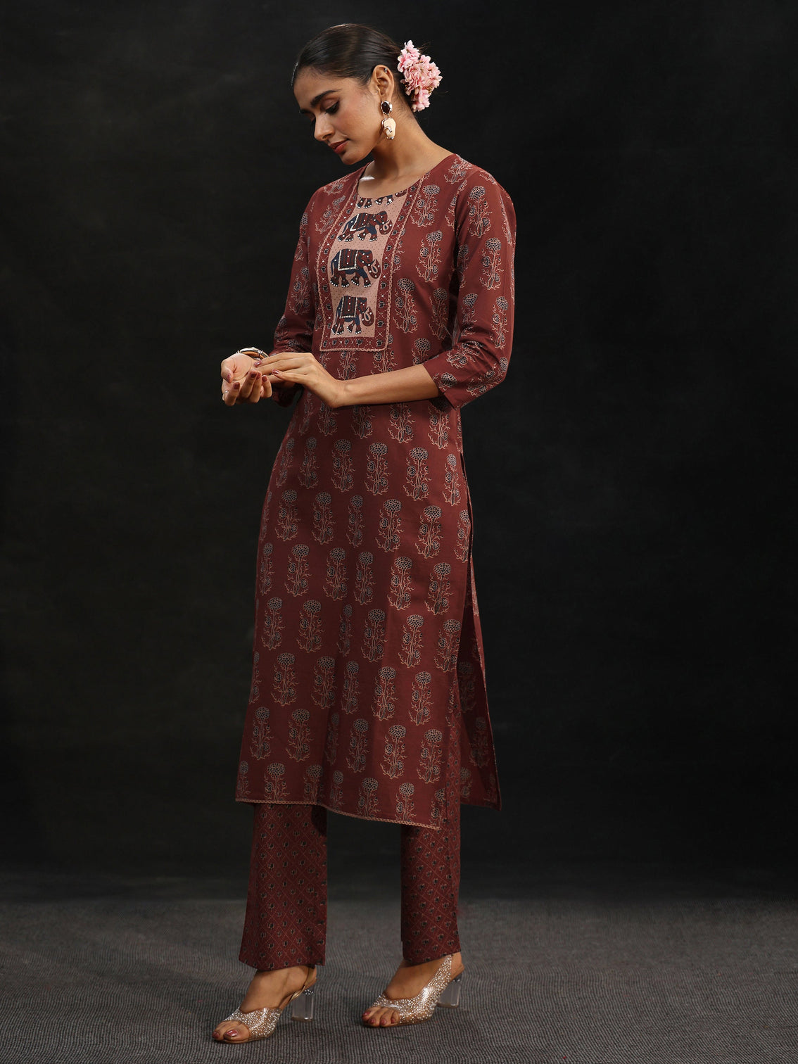 Mameraa Rust Brown Ajrakh-Inspired Cotton Straight Suit Set