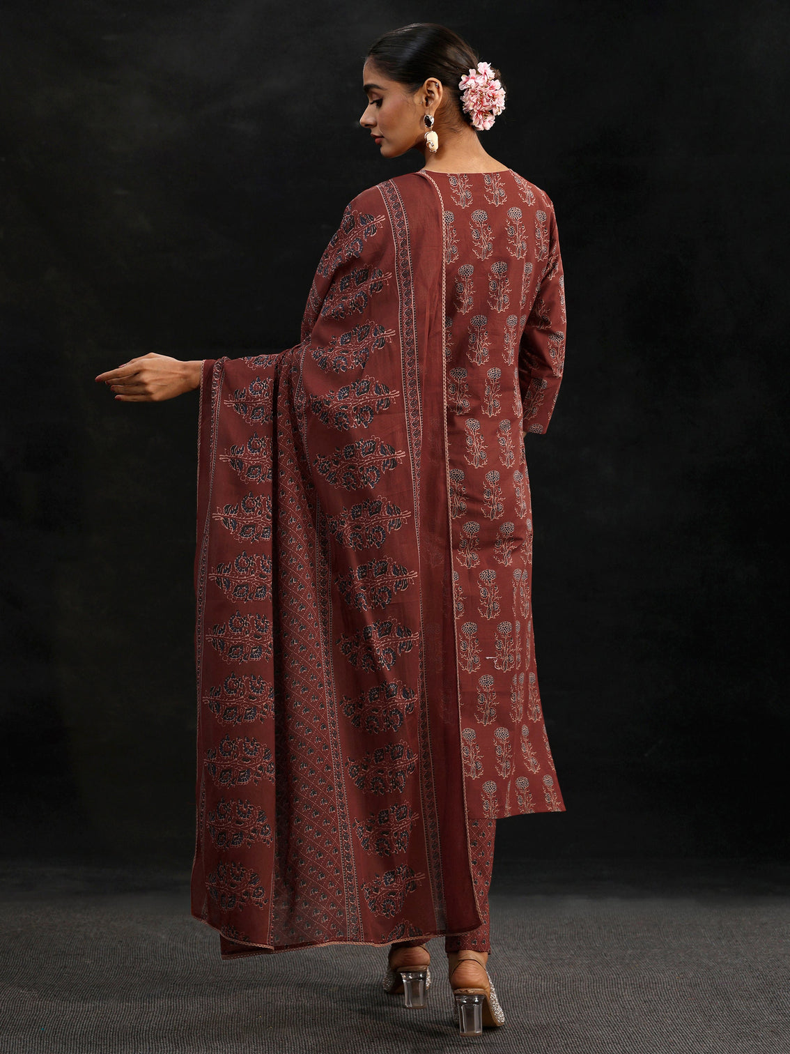 Mameraa Rust Brown Ajrakh-Inspired Cotton Straight Suit Set