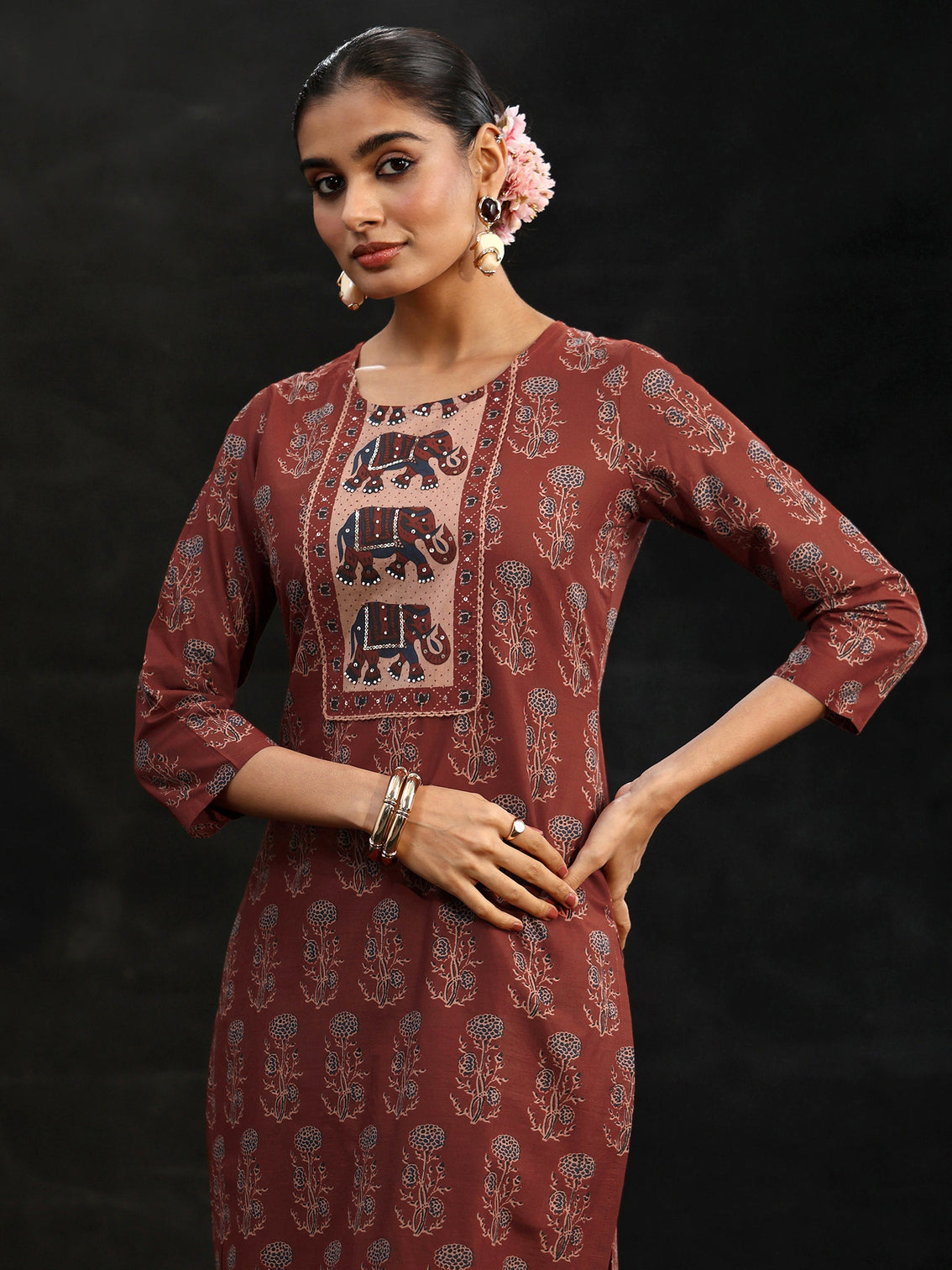 Mameraa Rust Brown Ajrakh-Inspired Cotton Straight Suit Set
