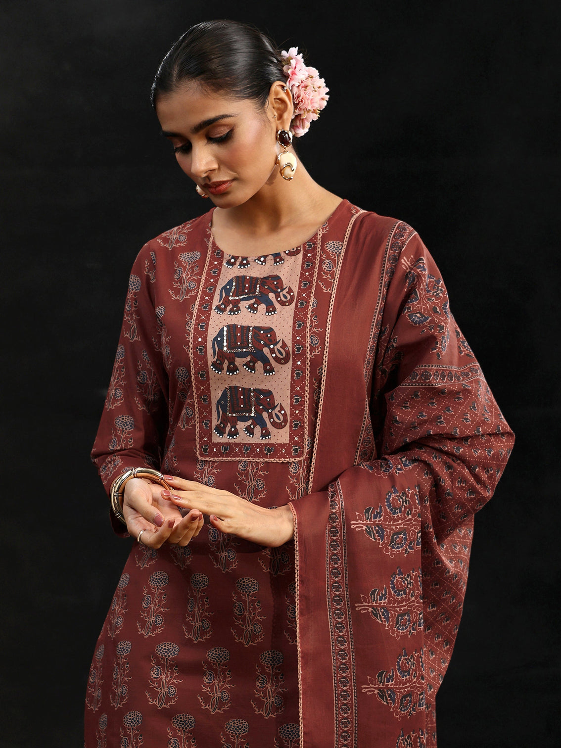 Mameraa Rust Brown Ajrakh-Inspired Cotton Straight Suit Set