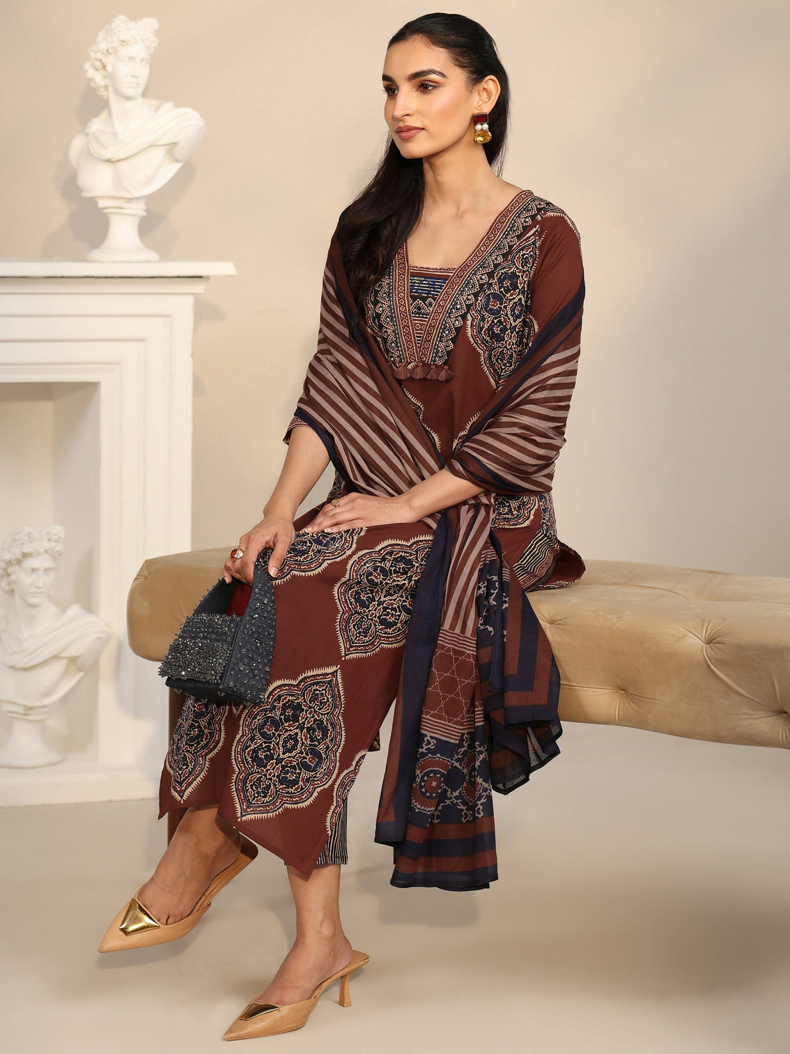 Mameraa Maroon Red Printed Cotton Straight Suit Set with Tassel Yoke