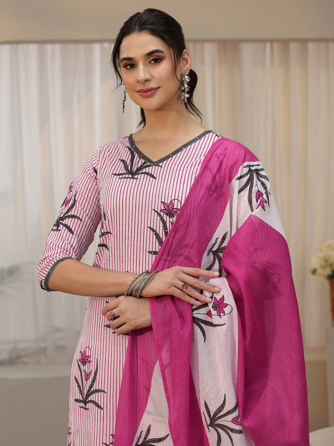 Mameraa Soft Pink Floral Printed Cotton Straight Suit Set