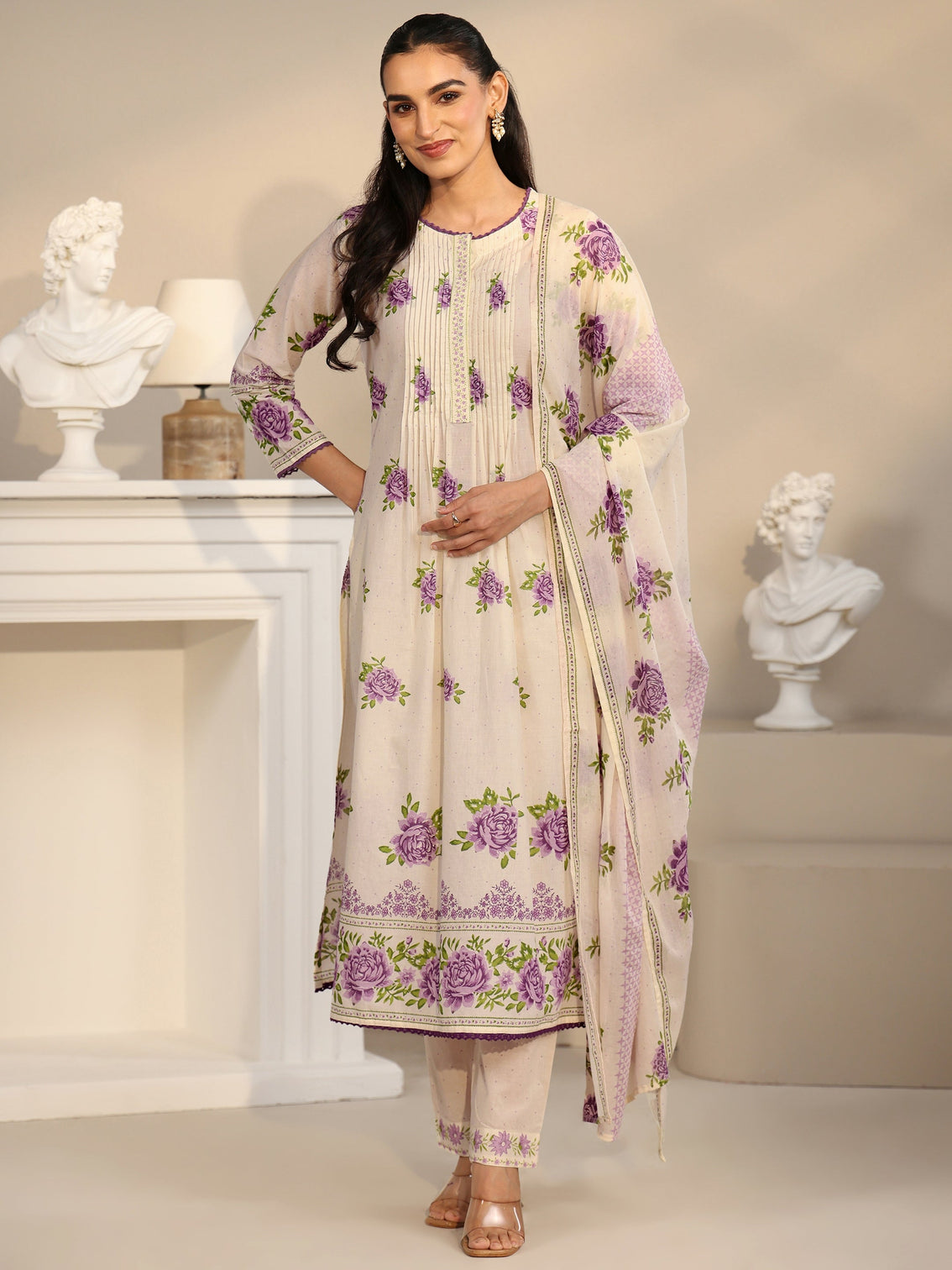 Mameraa Off White Rose Print Cotton Straight Suit Set