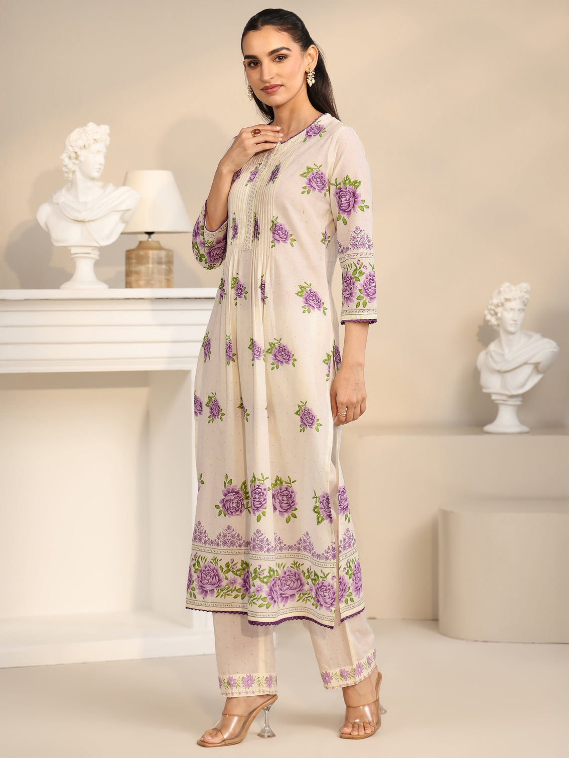 Mameraa Off White Rose Print Cotton Straight Suit Set