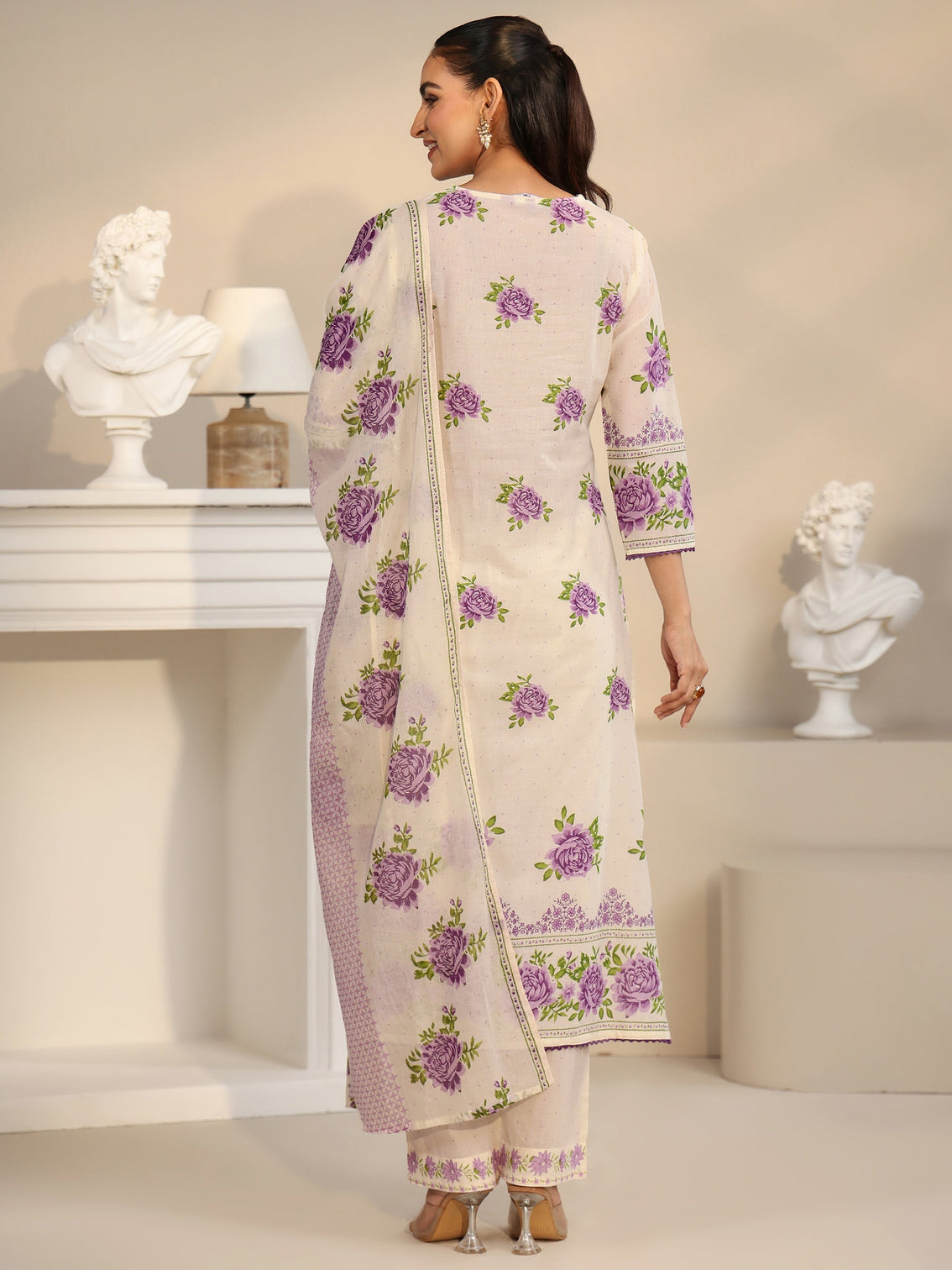 Mameraa Off White Rose Print Cotton Straight Suit Set