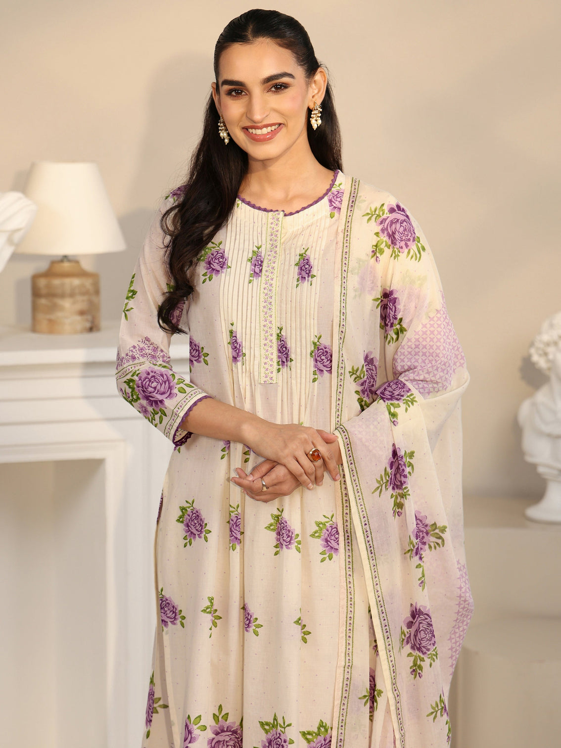 Mameraa Off White Rose Print Cotton Straight Suit Set