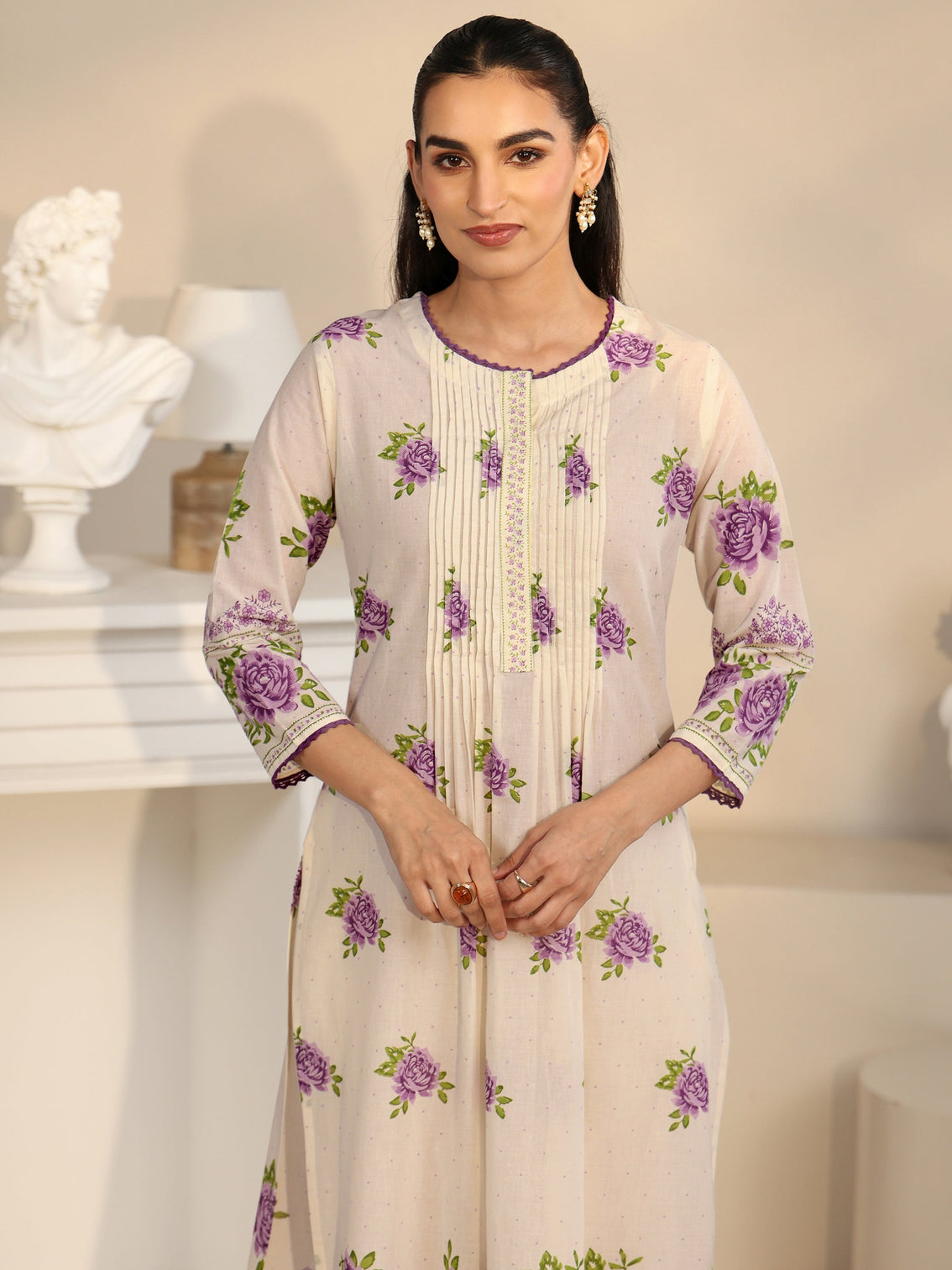 Mameraa Off White Rose Print Cotton Straight Suit Set