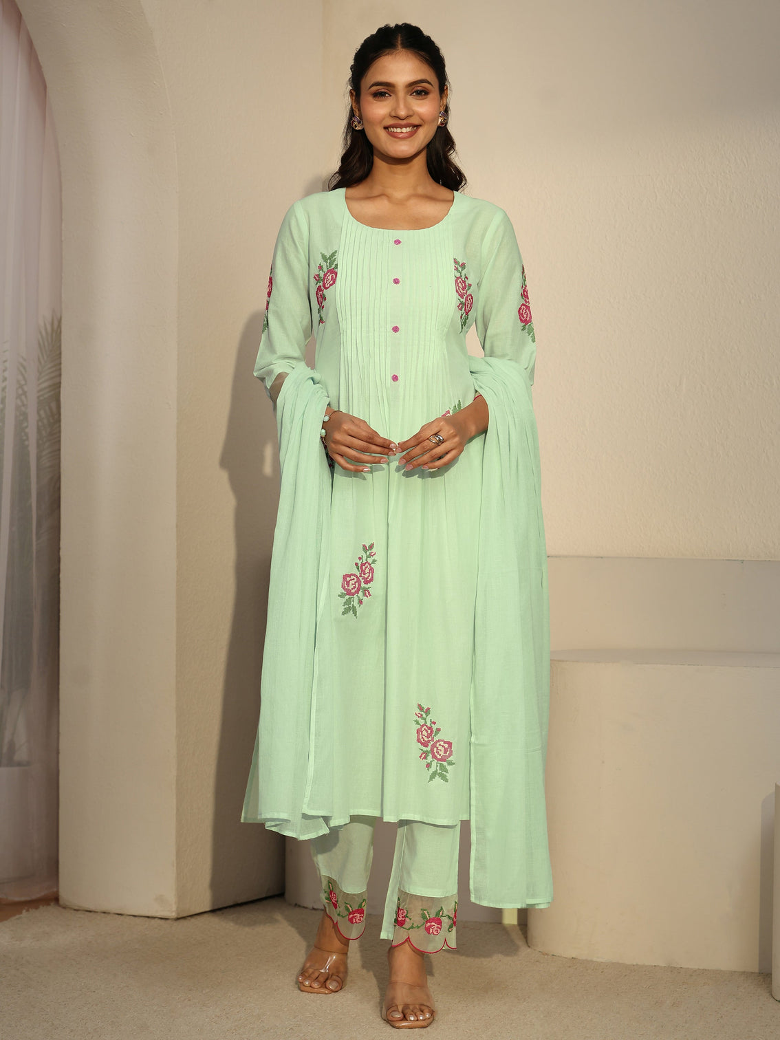 Mameraa Green Floral Embroidered Cotton A-Line Suit Set
