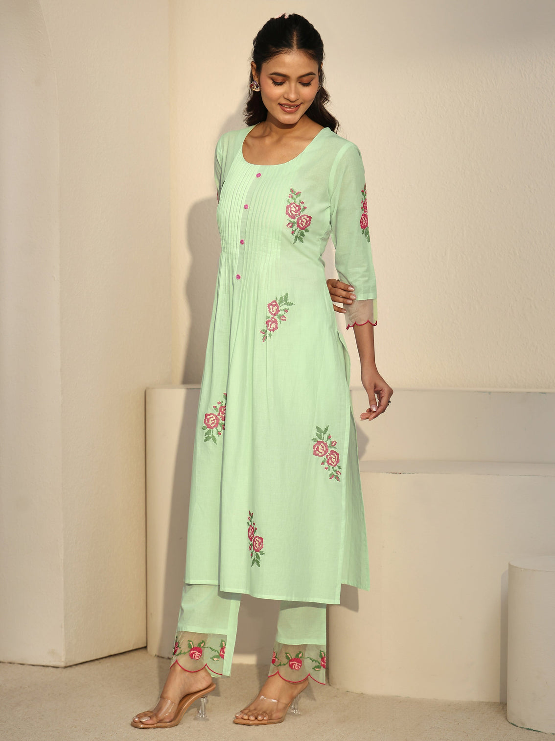 Mameraa Green Floral Embroidered Cotton A-Line Suit Set