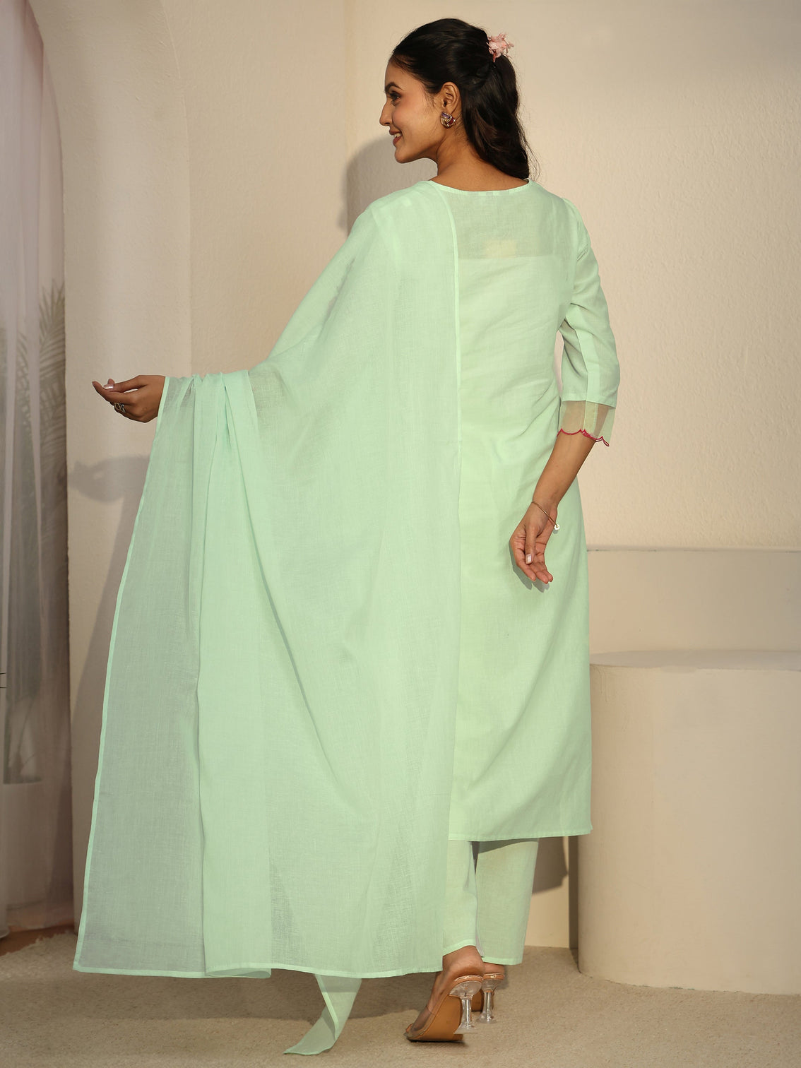 Mameraa Green Floral Embroidered Cotton A-Line Suit Set