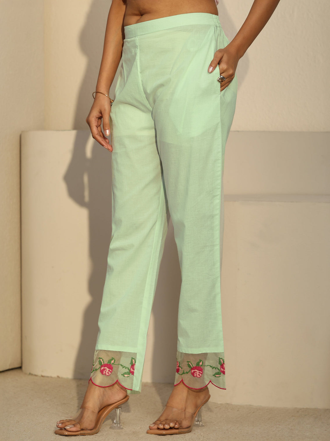 Mameraa Green Floral Embroidered Cotton A-Line Suit Set