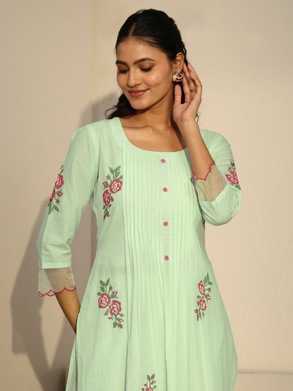 Mameraa Green Floral Embroidered Cotton A-Line Suit Set