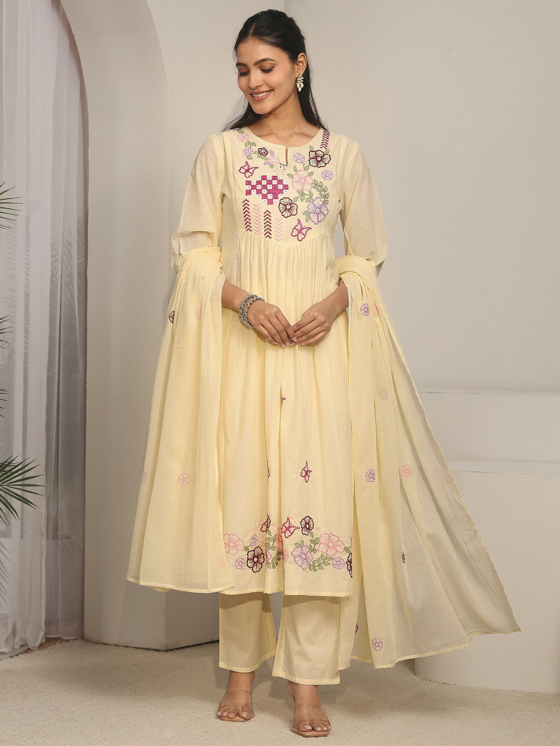 Mameraa Off White Floral Embroidered Cotton A-Line Suit Set