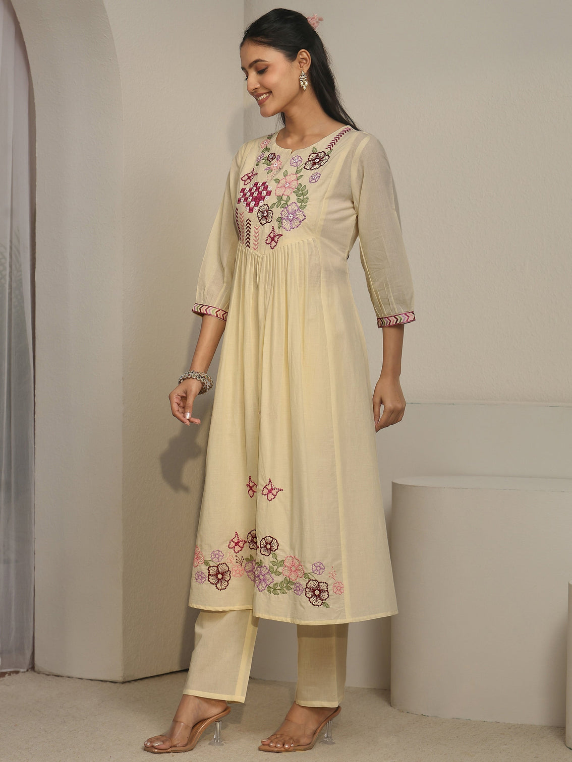 Mameraa Off White Floral Embroidered Cotton A-Line Suit Set