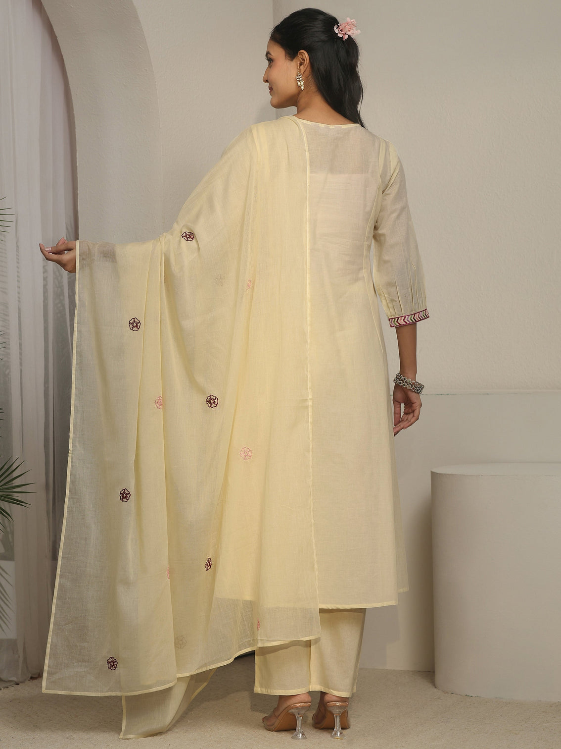 Mameraa Off White Floral Embroidered Cotton A-Line Suit Set