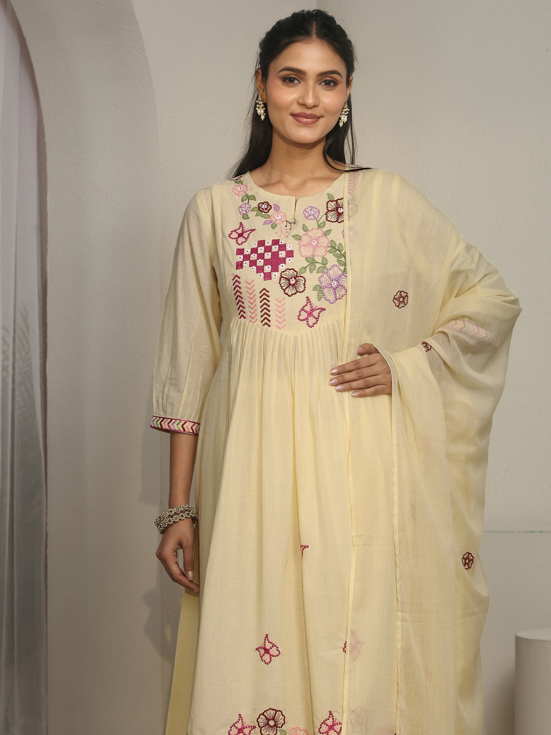 Mameraa Off White Floral Embroidered Cotton A-Line Suit Set
