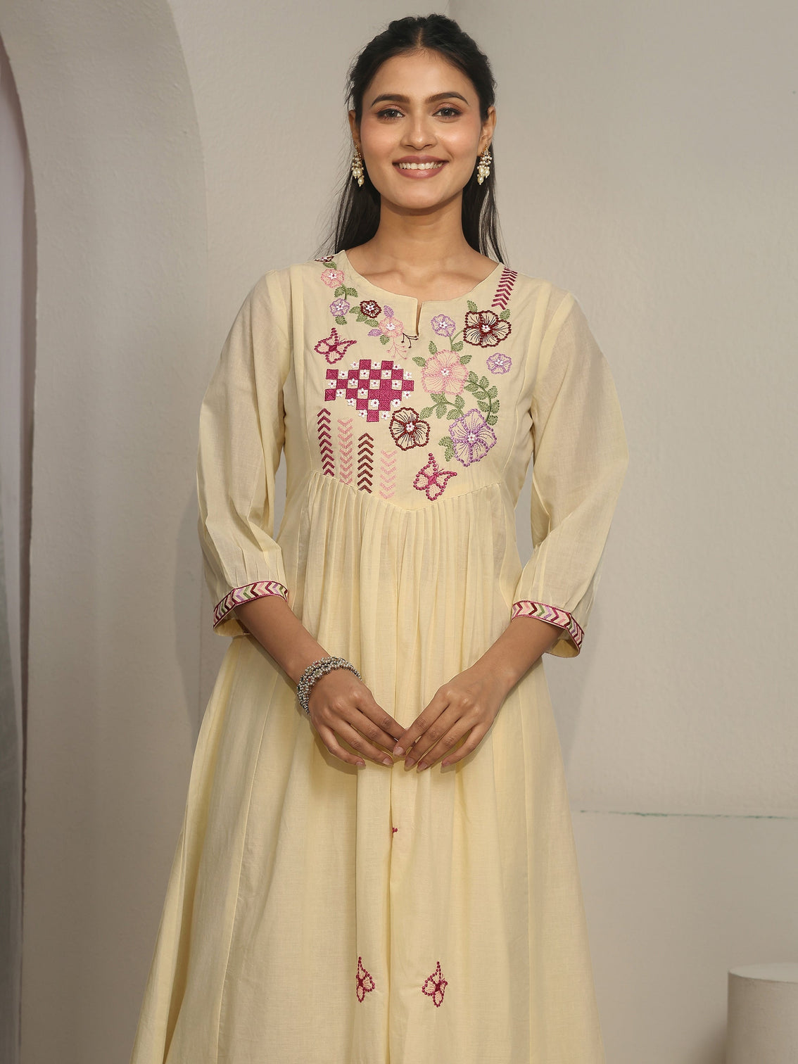 Mameraa Off White Floral Embroidered Cotton A-Line Suit Set