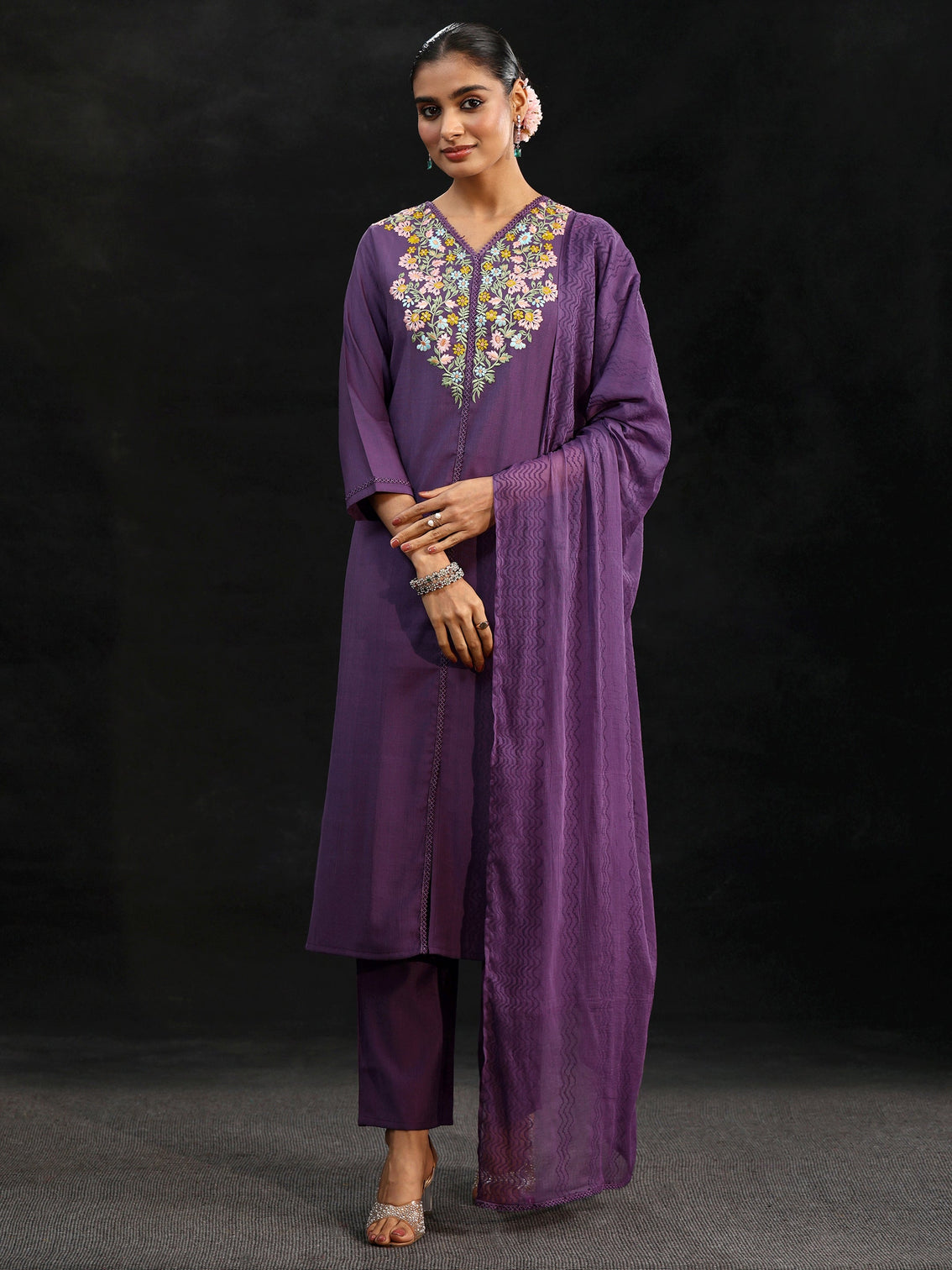 Mameraa Purple Floral Embroidered Yoke Design Silk Blend Straight Suit Set