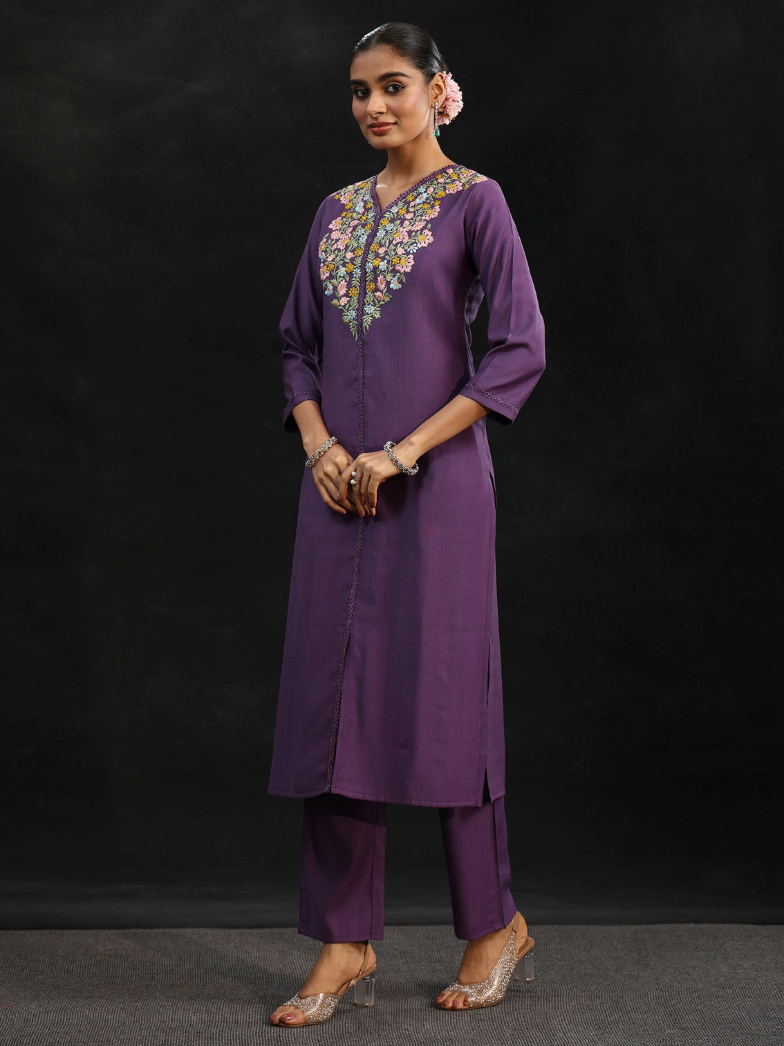 Mameraa Purple Floral Embroidered Yoke Design Silk Blend Straight Suit Set