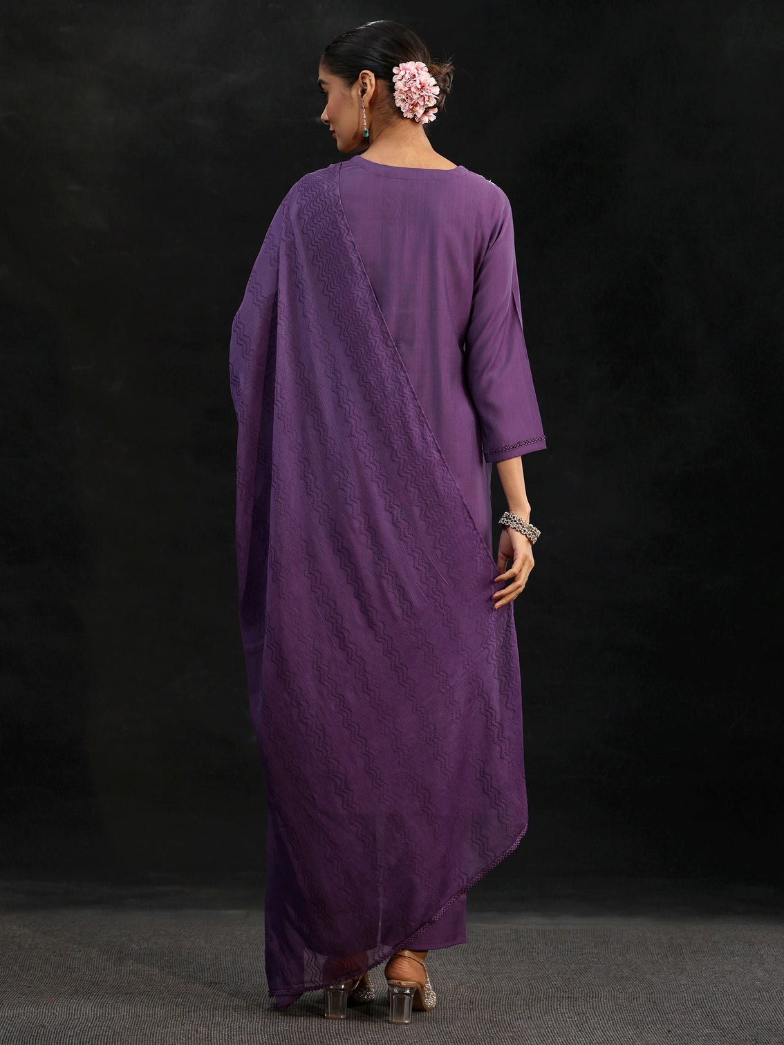 Mameraa Purple Floral Embroidered Yoke Design Silk Blend Straight Suit Set
