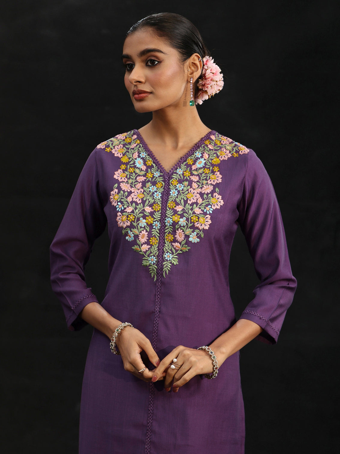 Mameraa Purple Floral Embroidered Yoke Design Silk Blend Straight Suit Set